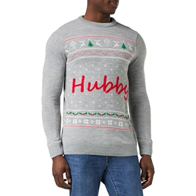 Afbeelding van FM London kersttrui voor heren, comfortabele in een aantal designs, geschikt kerstfeesten en op het werk tijdens de kersttijd, grijs (Hubby), S