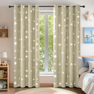 Afbeelding van Deconovo Set van 2 moderne zilveren sterren verduisteringsgordijnen met oogjes voor woonkamer slaapkamer, 140 x 290 cm (b h), donkerbeige
