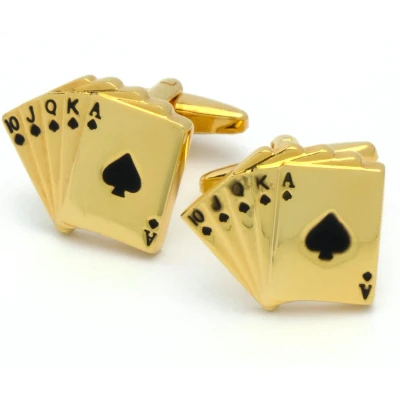 Afbeelding van Manchetknopen Kaarten Royal Flush Schoppen Goud