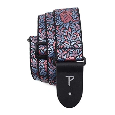 Afbeelding van Perri&#039;s Leathers Ltd. Gitaarband Nylon Jacquard Roze Blauw Bloemen Verstelbaar Voor Akoestisch/Bas/Elektrische Gitaren Made in Canada (TWS 7275)