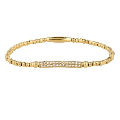 Afbeelding van My Bendel Elastische goudkleurige dames armband Met bedel en witte zirkonia steentjes luxe cadeauverpakking