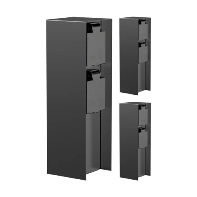 Afbeelding van ledscom.de 3 stuks tuincontactdooszuil POMI voor buiten, IP44, 2 voudig, roestvrij staal, zwart, vierkant, 23 cm