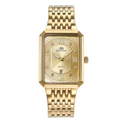 Afbeelding van JewelryWe Horloges heren roestvrij staal rechthoekig: 30 m waterdichte kalender analoog kwarts polshorloge herenhorloge goud stalen band zakelijk casual horloge met strass Romeinse cijfers