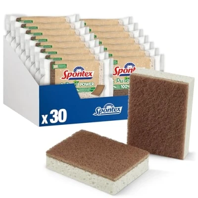 Afbeelding van Spontex Pure Power Reinigingssponzen met schuurvlies van 100% gerecyclede vezels, 30 stuks, 15 x 2 stuks