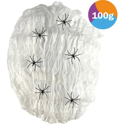 Afbeelding van Fjesta Spinnenweb Halloween Decoratie Inclusief 6 Spinnen 100g Wit