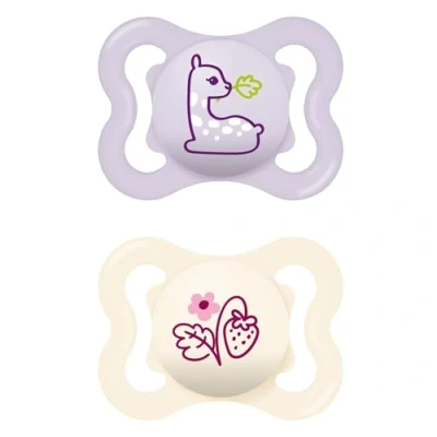 Afbeelding van MAM Air siliconen fopspeen in set van 2, extra licht en luchtig schilddesign, tandvriendelijke babyfopspeen speciaal SkinSoft silicone met fopspeenbox, 0 6 maanden, lam/aardbeien