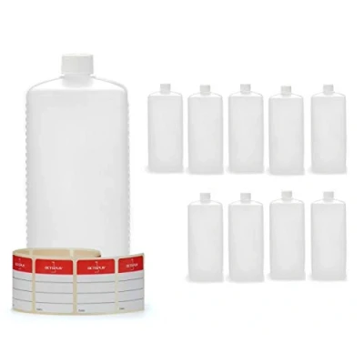 Afbeelding van 10 x 1000 ml Octopus kunststof flessen, HDPE plastic flessen met witte schroefsluitingen, lege schroefdeksels, vierkante incl. beschrijfbare etiketten