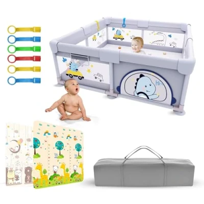 Afbeelding van PARVULI Baby Playpen 120x120cm Foldable Play Yard with 6 Handles and Padded Mat Indoor Area Breathable Mesh Protective Panels