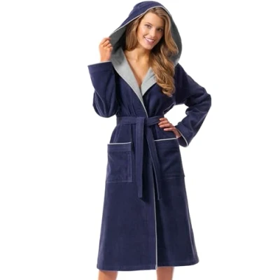 Afbeelding van Morgenstern dames badstof badjas met capuchon van 100% katoen velour blauw S