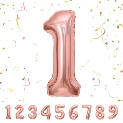 Afbeelding van Ballonnen verjaardag 1 jaar roségoud 101 cm ballon cijfer decoratie vlinderdas met helium