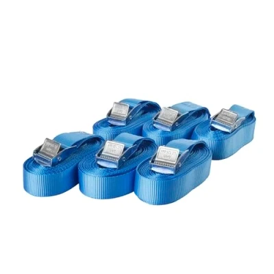 Afbeelding van 6 spanbanden, sjorbanden met klemsluiting, bevestigingsriem, belastbaar tot 250 kg, volgens DIN EN 12195 2, lengte 3 m breedte 25 mm, eendelig, blauw