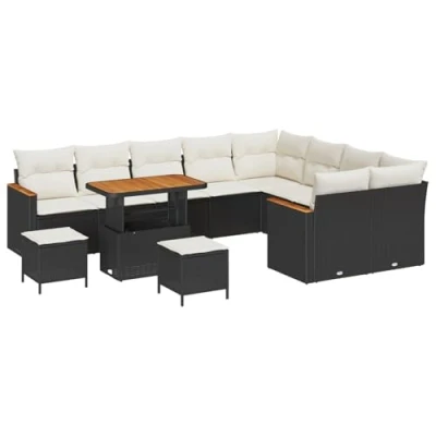 Afbeelding van vidaXL 12 delige Tuin Sofa Set met Kussens Zwart Poly Rattan Acacia, 3 Eettafelset Acacia