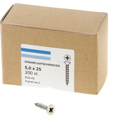 Afbeelding van spaanplaatschroeven RVS platverzonken kop PZ2 voldraad 5.0X25 (per 200 stuks)