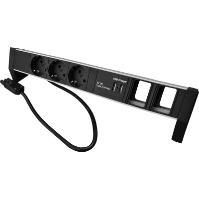 Afbeelding van Plenty desktop stekkerdoos met Prolink installatiestekker en 3 contacten, 2x USB A 2 module openingen / zwart/zilver 0,60 meter