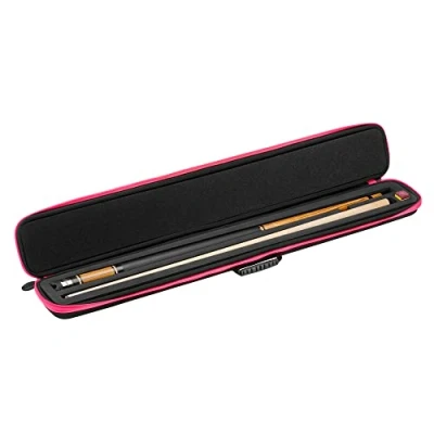 Afbeelding van Casemaster Parallax Biljart/Pool Cue Case 600D Oxford zwaargewicht polyester stof en gewatteerde binnenkant, geschikt voor 1 complete 2 delige keu (1 butt/1 schacht), zwart met roze rand