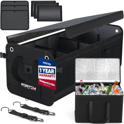 Afbeelding van FORTEM Auto Organizer, SUV Kofferbak Organizer met Koeler, Opvouwbare Vakken, Antislip Bodem, Verstelbare Bevestigingsriempjes, Opvouwbaar Deksel (3 Compartimenten, Zwart)