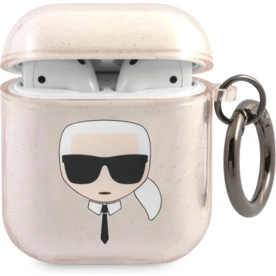 Afbeelding van Karl Lagerfeld Karl&#039;s Head Silicone Glitter Case voor de Apple AirPods 1 / 2 Goud