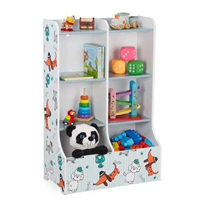 Afbeelding van Relaxdays speelgoedkast, 8 vakken, MDF, kinderkast met hondenprint, HxBxD: 90 x 59 30 cm, kinderboekenkast, kleurrijk