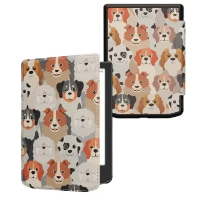 Afbeelding van kwmobile E reader hoesje geschikt voor Pocketbook Verse / Pro Color Vivlio Light HD hoes flip case met magnetische sluiting Ereader cover Honden Ontwerp design in wit lichtbruin grijs