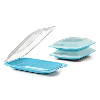 Afbeelding van TATAY Set van 3 vleescontainers met deksel, MINI, BPA vrij, herbruikbaar, stapelbaar, vaatwasser en magnetronbestendig, turquoise kleur. Afmetingen 12 x 3,1 18 cm