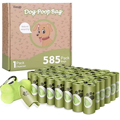 Afbeelding van Viesap Poepzakjes, 585 stuks, poepzakjes voor honden, hondenpoepzakjes met dispenser, van maïszetmeel, lekvrij en zonder geur, poepzak groen.