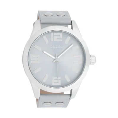 Afbeelding van Oozoo Polshorloge Basic Line met klinknagels leren band 47 mm diameter in verschillende kleurvarianten, C1089 lichtgrijs /