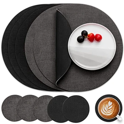 Afbeelding van Myir JUN Lederen Placemat Rond en Onderzetters, Tafelmatten Waterdichte Afveegbare Dubbelzijdige Plaats Matten Koffiematten Antislip Wasbare Placemats Coaster (Grijs Zwart, Sets 6)