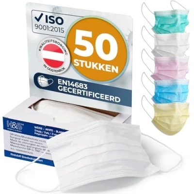 Afbeelding van ISC H&amp;S Gebitsbeschermer (OP vlies mondbescherming), 50 stuks met elastische band in comfortlengte, 3 laags, 100% PP, neusbeugel, glasvezelvrij, latexvrij (3 laags wit)