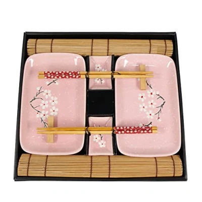 Afbeelding van EXZACT Sushi borden Set 10 stuks 2 x borden, Dip Bowls, Placemats, eetstokjes Resten, paar Hoogwaardig porselein Geschenkdoos Roze