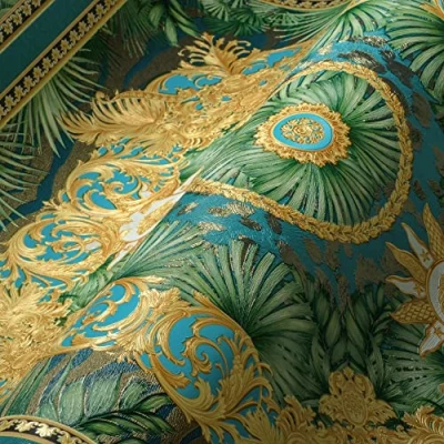 Afbeelding van &quot;JUNGLE&quot; SATIJN GLANZEND MEDUSA HOOFD BEHANG Design blauw goud groen A.S. Création Versace 5