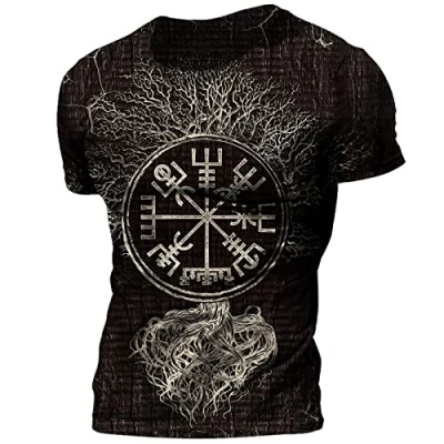 Afbeelding van PERSIMONE Heren Viking T Shirt Retro Casual Odin 3D Digitale Print Ronde Hals Korte Mouw Tops Gym Workout shirts, # 2, XXL