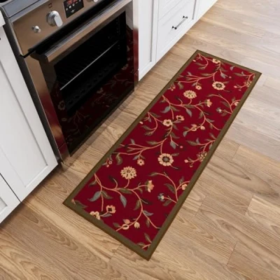 Afbeelding van Ottomanson Ottohome Collection Hedendaagse Bladeren Design Rubberback Loper Tapijt, 50 cm x 150 cm, Rood