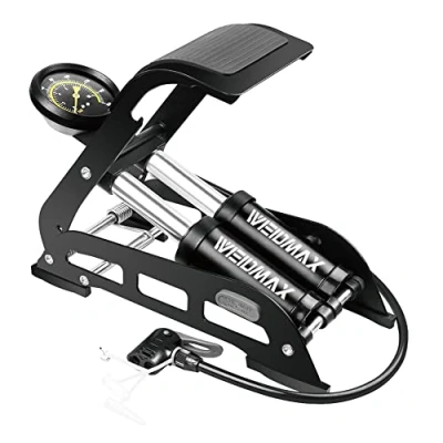 Afbeelding van WEIDMAX dubbele vat voetpomp, cilinder fietspomp fiets vloerpomp draagbare fietsband pomp racefiets vloer luchtinflator met manometer en slimme klepkop