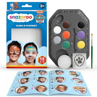 Afbeelding van Snazaroo 1172234 Paw Patrol Make up Set Zuma &amp; Everest 8 watergedragen gezichts en lichaamsverven met spons, penseel, stencil, instructies