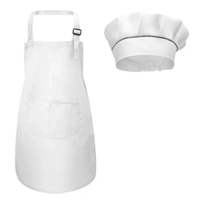 Afbeelding van Fodlon Kinderschort + kokshoed, verstelbaar keukenschort voor kinderen met zakken om te bakken, verf 4 12 jaar (rood, L) (wit)