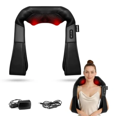 Afbeelding van VOYOR HEALTH Shiatsu rugmassageapparaat voor nek en schouders met warmte, schoudermassageapparaat 4D Deep Tissue Kneedmassage lichaamsspierpijnverlichting gebruik thuis, auto, kantoor, PJ100,