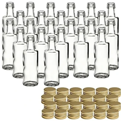 Afbeelding van gouveo Dorica glazen flessen, 40 ml, met schroefdop, goudkleurig, mini fles, 0,04 l, om te vullen, flesjes voor likeur, jenever, olie of knutselen
