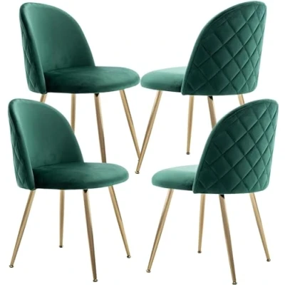 Afbeelding van JINPALAY Set van 4 eetkamerstoelen, fluweel, keukenstoel, gestoffeerde stoel met rugleuning, stoel, moderne woonkamerstoel, gouden poten, 4, groen