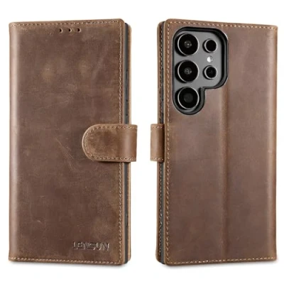 Afbeelding van Lensun Beschermhoesje voor Samsung Galaxy S24 Ultra, echt lederen portemonnee, RFID blokkering, magneetsluiting, flipcase, hoes donkerbruin, retro