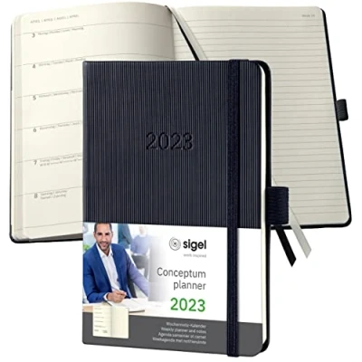 Afbeelding van SIGEL C2315 weekkalender en conceptum 2023, ca. A6, zwart, hardcover, 2 pagina&#039;s = week links/pagina&#039;s notities rechts, 176 pagina&#039;s.