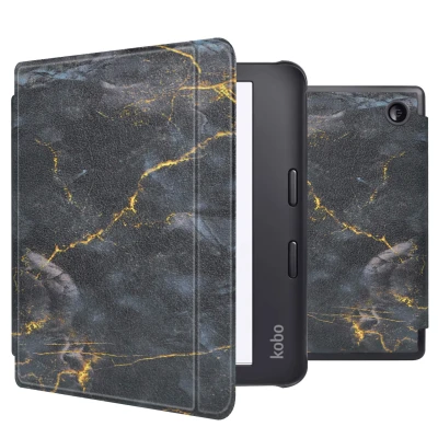 Afbeelding van Kobo Libra 2 Hoes: iMoshion Design Slim Hard Case Sleepcover Bookcase met stand Black Marble Kunstleder E Reader Hoezen