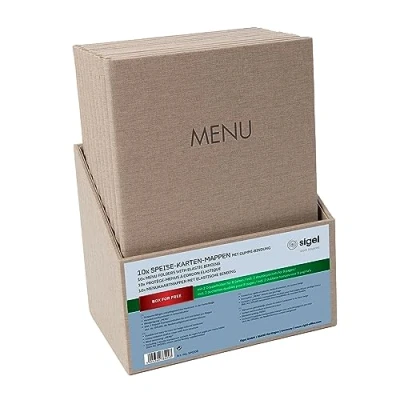 Afbeelding van Sigel SM208 Menu A4 Set: 10 stuks met gratis opbergdoos Rubberen binding, beige linnenstructuur, hard slagen en gemakkelijk af te vegen