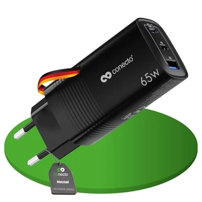 Afbeelding van conecto USB C oplader, voeding, 3 poorten, 2 x 65 Watt Max. PD, 1 A 27 Max., snellader, mobiele telefoonlader, automatische laadstroomherkenning, zwart