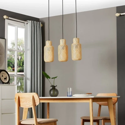 Afbeelding van Lindby hanglamp 3lichts Bamboe, plastic E27 licht hout, zwart