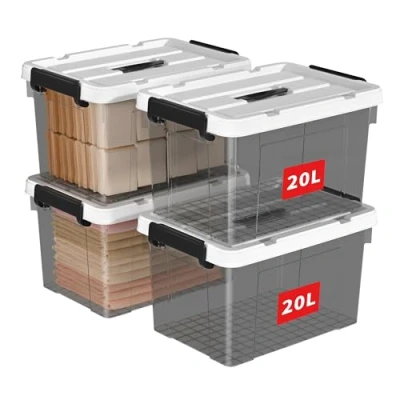 Afbeelding van Cetomo 20L x 4 opbergdozen, plastic opbergdoos met deksels, organiserende container handvat en veilige vergrendelende gespen, stapelbaar, nestbaar, draagtas voor huiskleding, 4Pack, helder