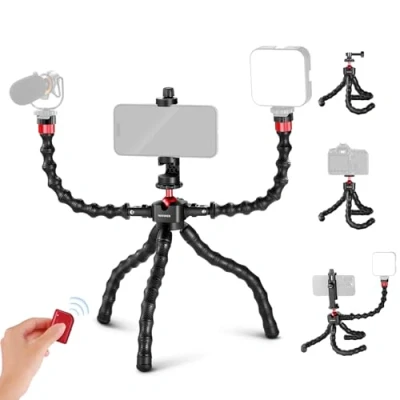Afbeelding van NEEWER T91 Flexibel statief met 2 Magic Arm mini mobiele telefoonstatief voor vlogging trigger/telefoonklem/actioncam houder, compatibel GoPro Hero 13 12 iPhone 16 15 14 Pro Max Sony a7c, max.