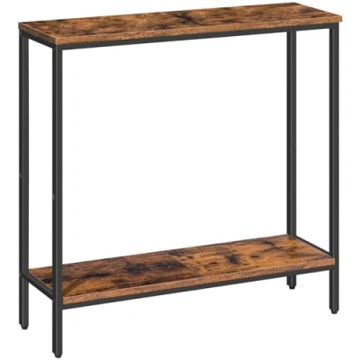 Afbeelding van HOOBRO EBF22XG01 Smalle gangtafel met plank, 75 x 22 cm, bijzettafel, kleine tentoonstellingstafel, banktafel voor ruimte, ingang, hal, donkerbruin zwart