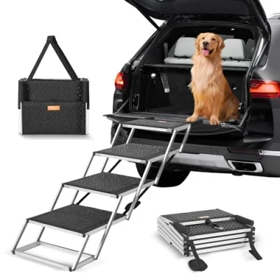 Afbeelding van VEVOR Hondentrap voor auto&#039;s, brede 4 staps hondenautotrap, opvouwbare hondenautooprit met antislip oppervlak, draagbare huisdiertrappen, lichtgewicht aluminium auto, SUV en vrachtwagen,