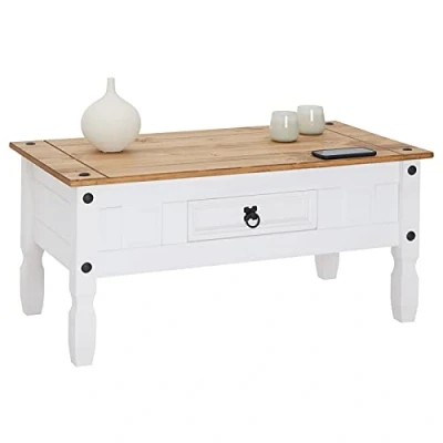 Afbeelding van CARO Möbel Salontafel CAMPO in Mexico stijl woonkamertafel bijzettafel massief grenen bruin / wit gelakt met 1 lade