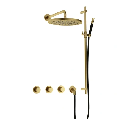 Afbeelding van Hotbath Cobber Regendoucheset IBS70 Geborsteld Messing PVD Staaf handdouche 30cm Hoofddouche Wandarm Handouche met glijstang